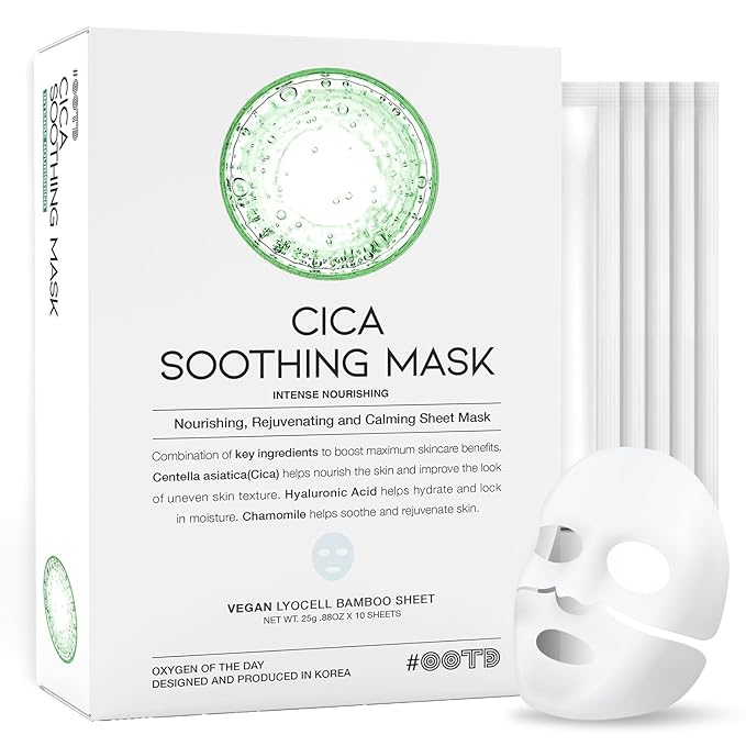 Cica Calming Mask for Face Sensitive Irritated Skin, Soothing, Moisturizing, Korean Anti Aging Face Mask, Eve Vegan, Chamomile, Hyaluronic Acid 10EA