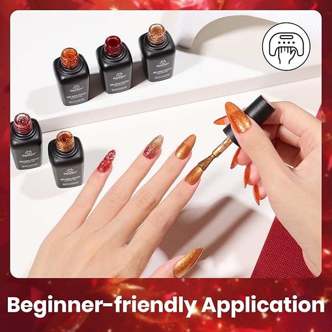 beetles Glitter Gel Polish Set, Passion Rush Collection Christmas Gel Nails, Red Orange Gold Gel Polish Shimmer Nails Art Soak off Uv LED Manicure Gift Set Nail Trend Gift for Women