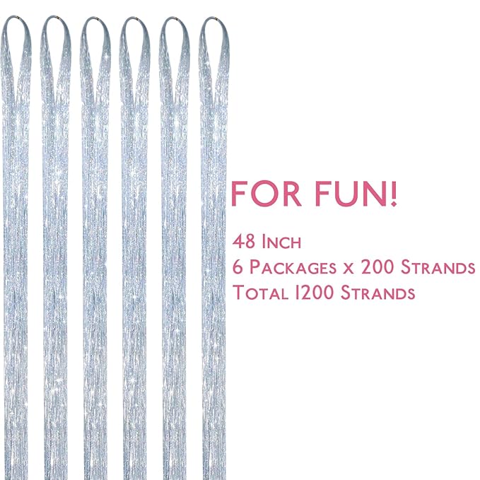WENNALIFE Hair Tinsel for Girls, Silver Fairy Kit 1200 Strands 6PCS 48 Inch Heat Resistant Glitter Tinsel Hair Extensions Kit Christmas Angel Feathers Hair Sparkle Strands