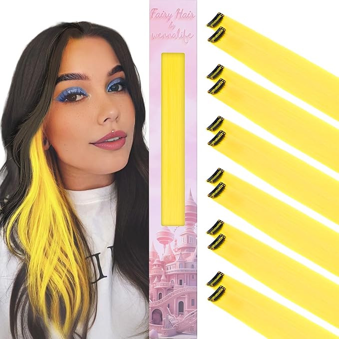WENNALIFE 12 PCS Yellow Hair Extensions Clip in, Colored Clip in Hair Extensions for Kids Highlights Rainbow Hair Clips for Girls Synthetic Straight Pop-up Style Colorful Girls Hair Accessories