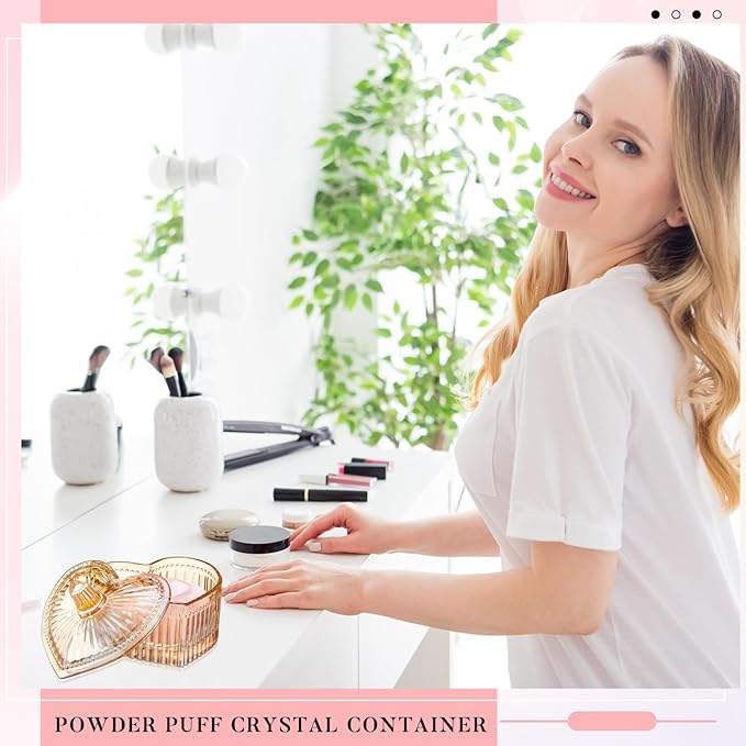 Tioncy 3 Pcs Large Body Powder Puff and Container Powder Container with Puff Crystal Case Soft Washable Reusable Velour Face Body Glitter Wet Dry Makeup(Heart,Amber)