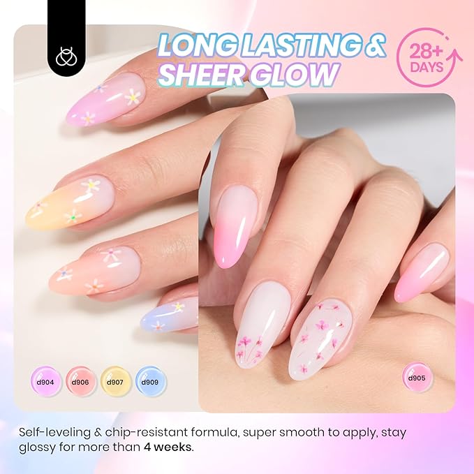 Beetles Pastel Gel Nail Polish Set, 6 Colors Jelly Gel Polish Kit Pink Blue Purple Orange Yellow Green Translucent Effect Soak Off UV Candy Sweet Collection French Nail Gift for Women