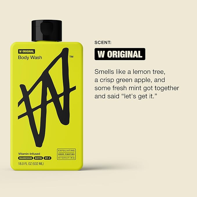 W By Jake Paul Exfoliating Body Wash for Men, Vitamin-Infused, Hydrating Shower Gel, Original, 18 fl oz (Pack of 2)