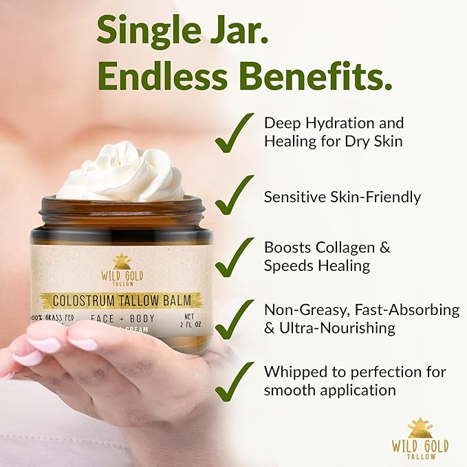 100% Grass Fed Tallow Balm with Colostrum & Emu Oil - Handmade Whipped Beef Tallow for Face and Body, Sensitive Skin Tallow Moisturizer made with True First Colostrum, (Vanilla + Ylang Ylang)