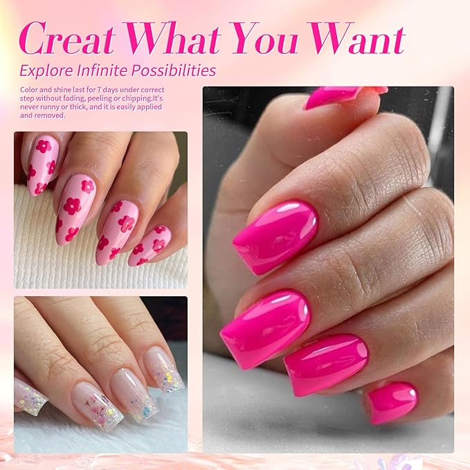 Born Pretty Pink Nail Polish Set, 6 Colors Nude Pink Hot Pink Neon Pink Glitter Nail Polish Quick Dry 10ml 0.34oz Nail Lacquer Kit for Diy Nail Art Salon Home Gifts for Women Girls