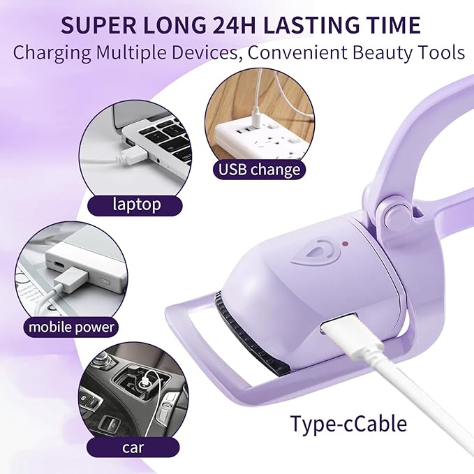 Premium Heated Eyelash Curlers Elevate Your Lash, Rapid Heat-up, USB Rechargeable Electric Eyelash Curler with Sensing Heating Silicone Pad, Heated Lash Curler with Temperature (Purple)