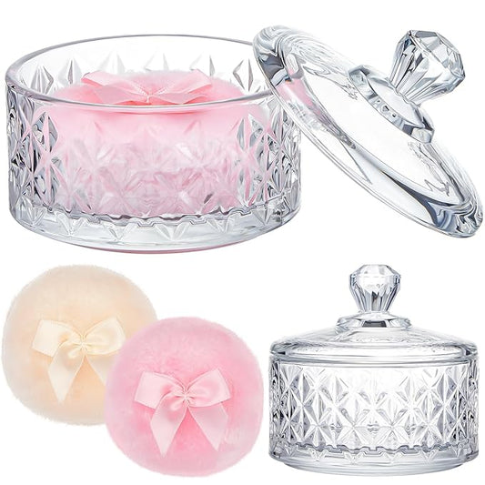 Tioncy 3 Pcs Large Body Powder Puff and Container Powder Container with Puff Crystal Case Soft Washable Reusable Velour Face Body Glitter Wet Dry Makeup(Diamond,Clear)