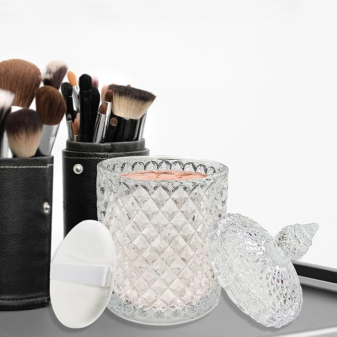 3 Pcs Large Body Powder Puff and Container,Glass Reusable Box Crystal Case Jar with Soft Puff