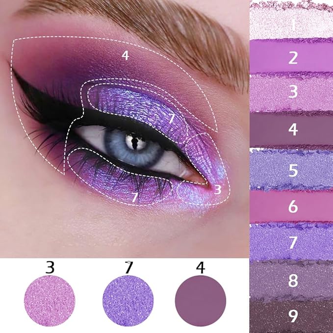 AMY'S DIARY Matte Shimmer Light Deep Purple Eye Shadow Palette Makeup,Eyeshadow Long Lasting Waterproof Cruelty-Free, 9 Blendable Shades in Smooth Finishes with Gorgeous Pearls for Girls (purple)