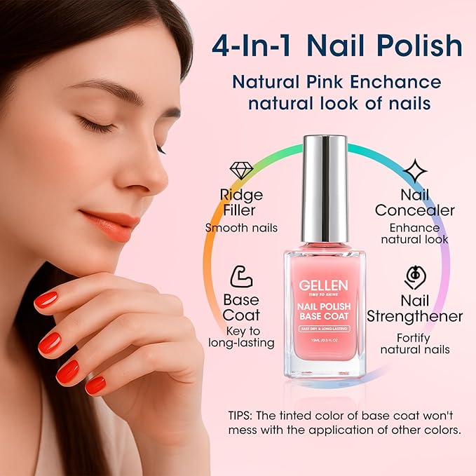 GELLEN Clear Nail Polish Base Top Coat, Sheer Pink Tinted Base Coat & Shine No Wipe Top Coat for Strengthening Thin Damaged Natural Nails, Quick Dry Regular Nail Polish No UV Gel, Hema Free, Non-toxic