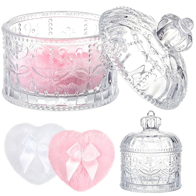 Tioncy 3 Pcs Large Body Powder Puff and Container Powder Container with Puff Crystal Case Soft Washable Reusable Velour Face Body Glitter Wet Dry Makeup(Crown,Clear)