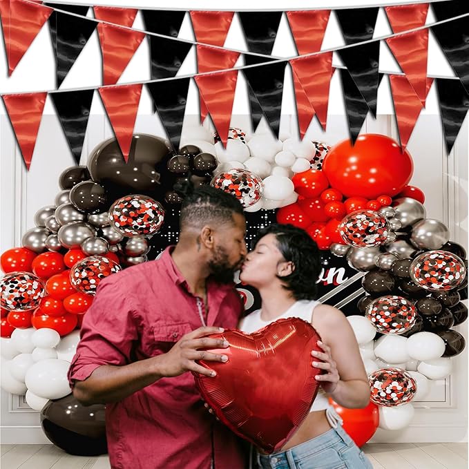 65FT Red Black Triangle Pennant Banner Flag Metallic Fabric Bunting Garland for Christmas Graduation Bachelorette Anniversary Birthday Engagement Wedding Anniversary Casino Party Decorations Supplies