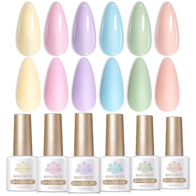 Born Pretty Pastel Gel Nail Polish Set Spring Summer Gel Polish Macaron Candy Sweet Color Gel Polish Easter Soft Pink Yellow Purple Blue Green Colors Collection Nail Art Gift Box 7ML 6PCS