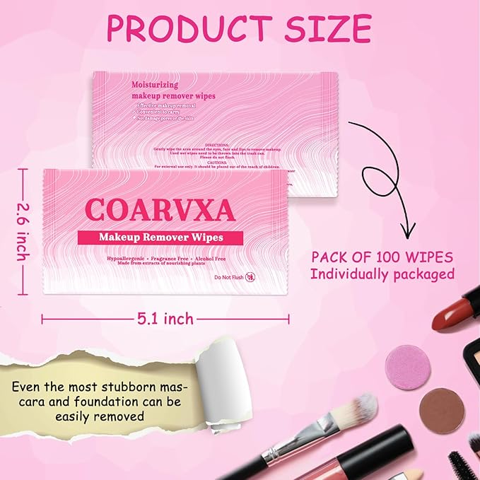 100 Count Makeup Remover Wipes Mini Makeup Wipes Travel Face makeup wipes Individually Wrap For Mascara Lipstick Oil Dirt Face Skin Hypoallergenic Alcohol-Free