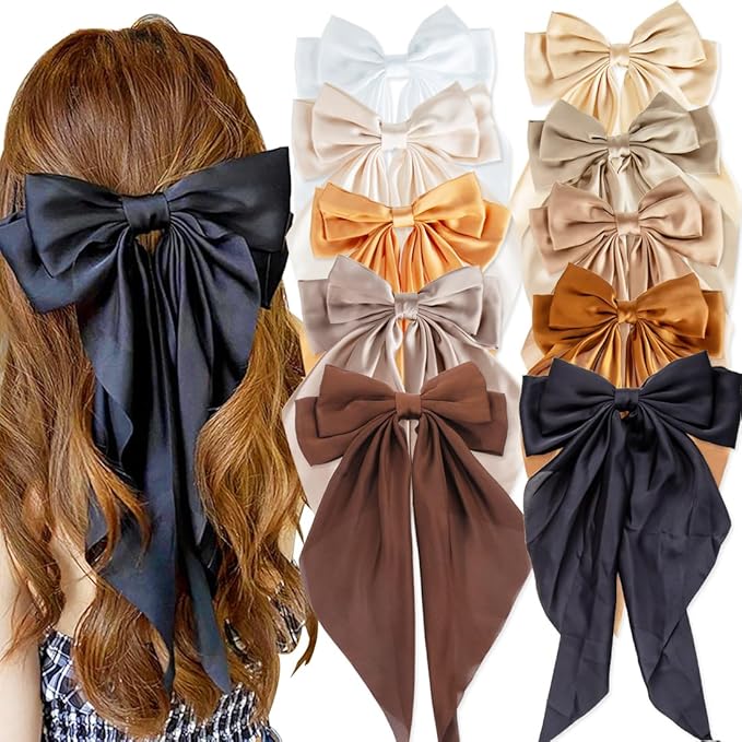 10 PCS Large Hair Bows Ribbon Bow for Women,Hair Bows for Womens,Oversized Long-tail Cute Aesthetic Hair Accessories,Large Hair Barrettes for Women,Big Bows for Girls(Warm brown