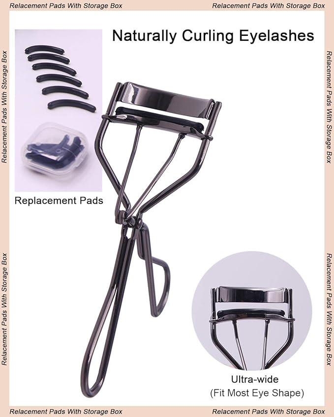 Eyelash Curler Kit Metal Lash Curlers with Eyelashes Separator Comb Tools & 6 Replacement Refill Pads (Black)
