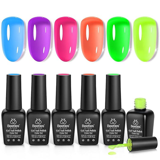 Beetles Neon Gel Nail Polish Set, 6 Colors Summer Jelly Gel Polish Kit Sheer Hot Pink Green Orange Purple Blue Yellow Translucent Effect Soak Off UV French Nail Art Manicure Gift for Women