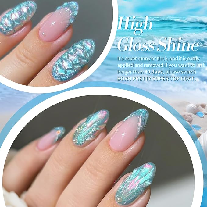 BORN PRETTY 6 Colors Shimmer Swirl Pacific Blue Glitter Blue Green Gel Polish Swirl Shell Thread Effect Soak Off Nail Art Design Salon Home Manicure Gift