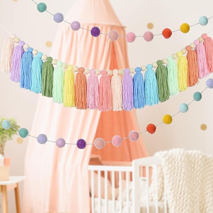 2pcs Boho Tassel Garland,Pom Pom Tassel,6.5 Feet Long 20 Balls Ball Garland,Colorful Wall Hanging Party Decorative Banner Pastel,Home Decoration Wedding Birthday Baby Shower