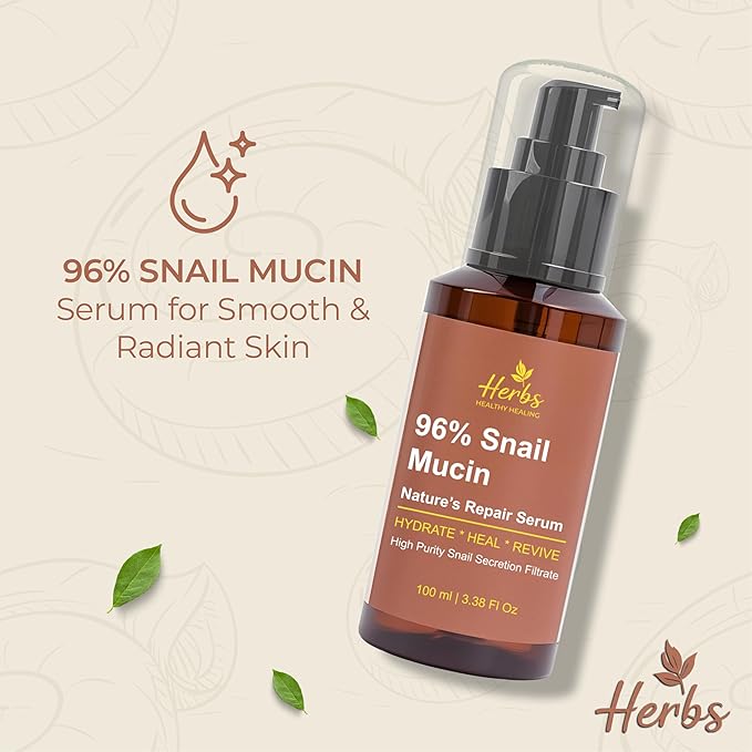 Herbs Healthy Healing Snail Mucin 96% Essence – Korean Hydrating Face Serum (3.38 fl oz) – Nourishing Skincare for Fine Lines, Uneven Tone & Dehydrated Skin – Lightweight, Fast-Absorbing Formula