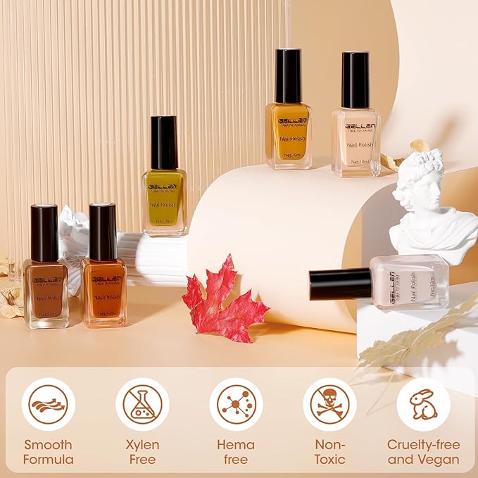 Gellen Maple Brown Nail Polish, Halloween Fall Winter Leaf Regular Nail Polish Air Dry 6-Color Set for Finger Toe Nails Home Salon Manicure Women Girl Gifts, Not UV Gel, Hema Free, Non Toxic, TPO Free