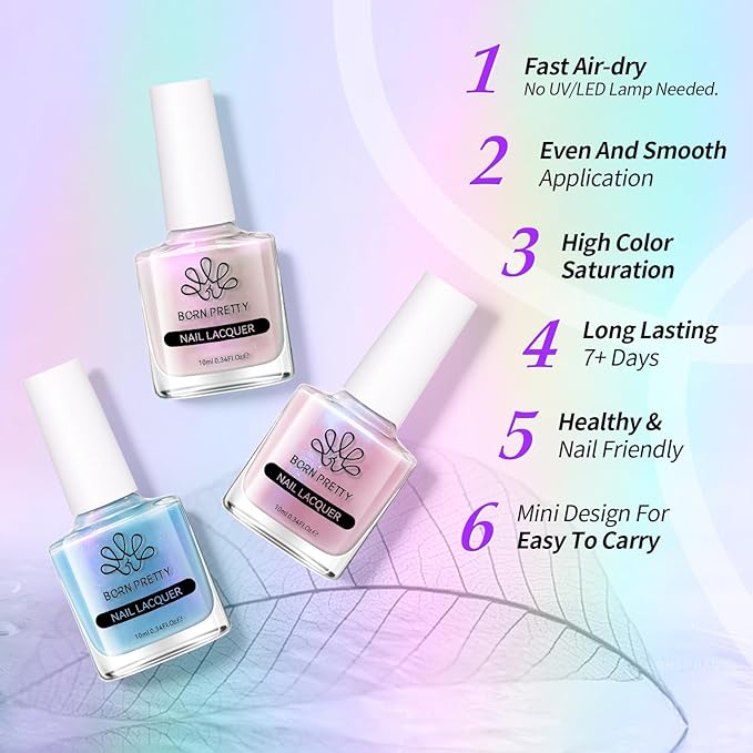 Born Pretty Pearl Nail Polish Set, 6 Colors Ombre Pearl Shimmer White Pink Purple Mermaid Nail Polish Quick Dry Spring Summer Finger 10ml 0.34oz Shell Glitter Nail Lacquer Set