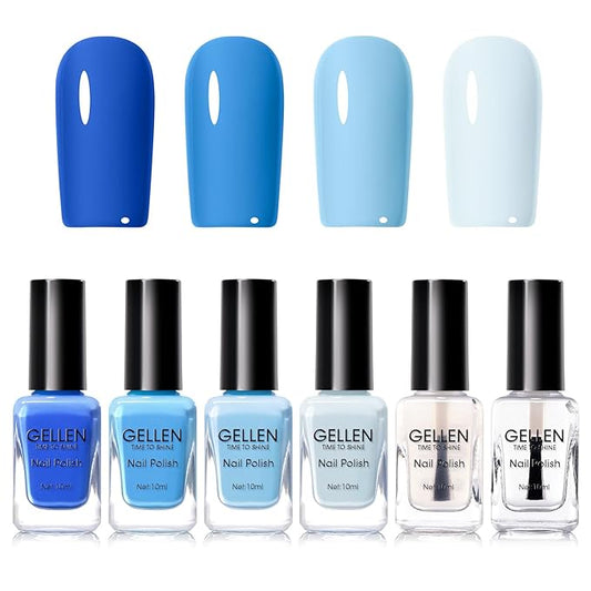 Gellen Blue Nail Polish & Clear Base Top Coat Nail Polish, Quick Air Dry Natural Regular Nails Polish Bright Baby Cobalt Ocean Blue 6pcs Set for Acrylic Natural Nails Home Salon, Non UV Gel, Hema Free