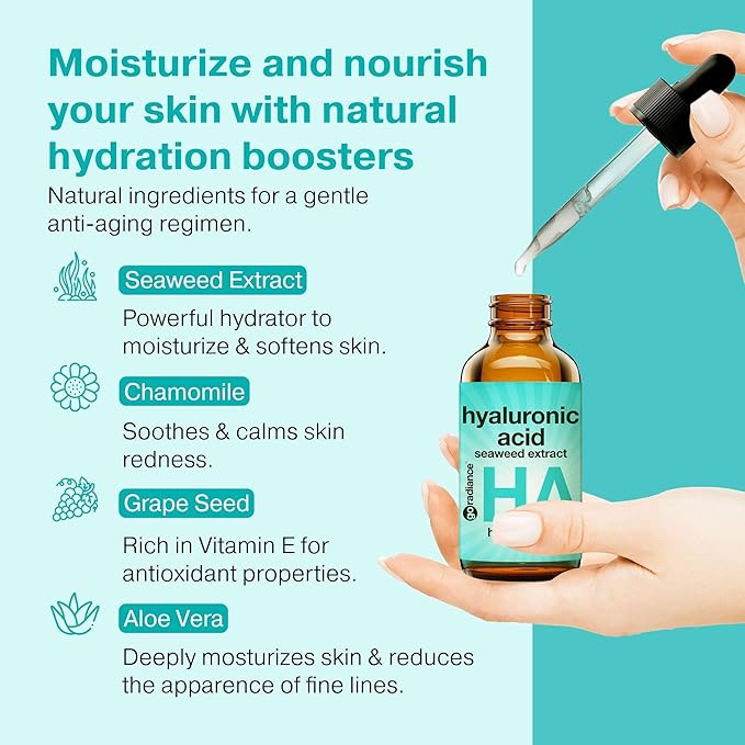 Double Size (4OZ) Hyaluronic Acid Serum for Face 3.5%, Hyaluronic Acid Moisturizer, Hydrating Serum for Face, Moisturizing Hyaluronic Acid Serum with Seaweed and Chamomile, Glow Face Serum for Women