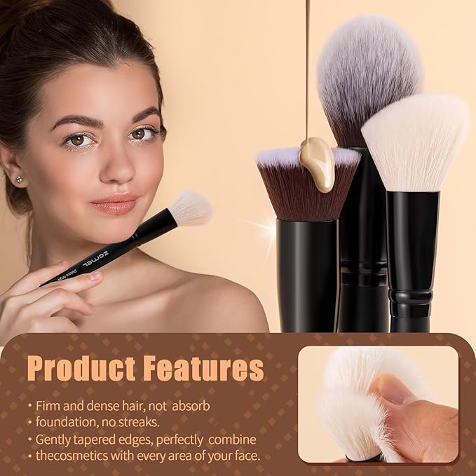 ZAMEL Professional Travel Goat Hair Makeup Brushes Set, 15Pcs Kabuki Face & Eye Makeup Brush set Ultra Soft Dense Flat Foundaiton Blush And Extra-large loose Powder Brush Eyeshadow