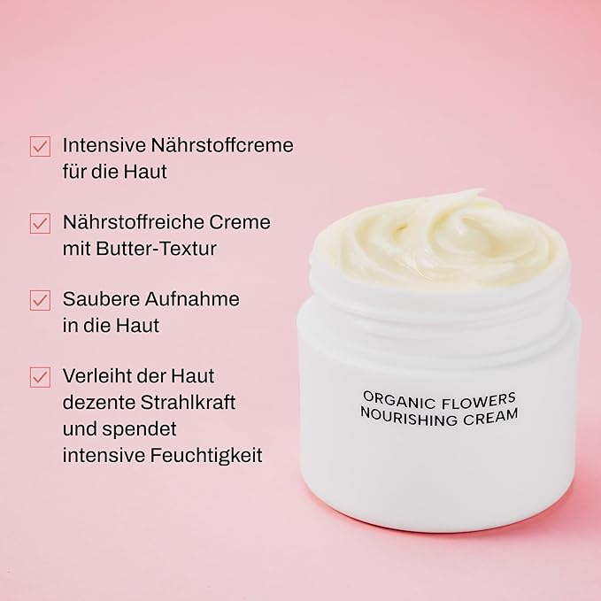 Whamisa Organic Flowers Nourishing Cream, 95.2% Organic, Waterless Formula, Fermented Postbiotic for Deep Hydration & Soothing, Moisturizing (50ml)