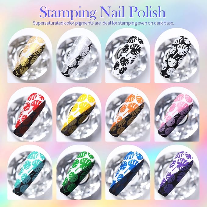 Born Pretty Nail Stamping Polish, Fingernail Stamp Polish Set Manicure Print Nail Polish for Plates 12 Colors Bulk Gift Collection 10ml 0.34fl oz Ideal Gifts
