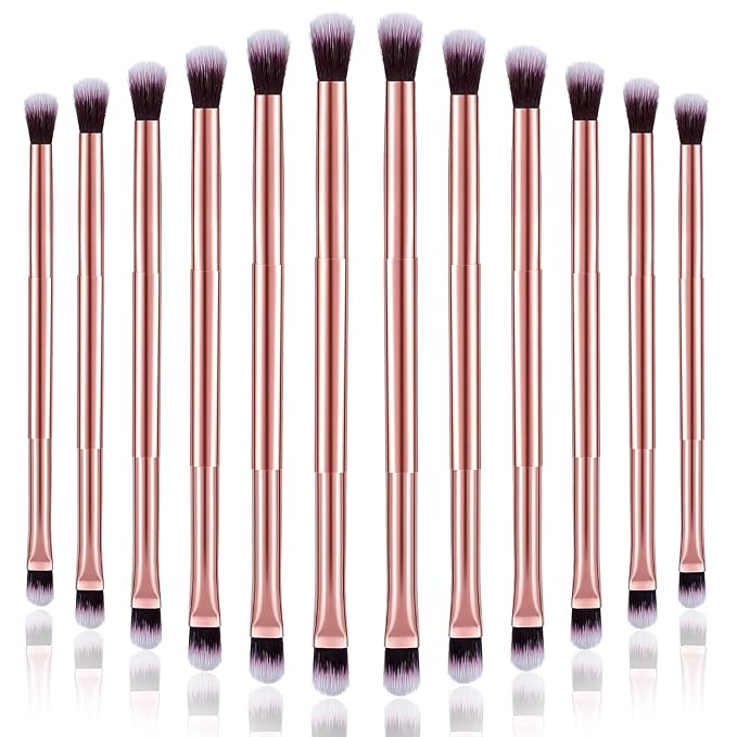 12 Pcs Eyeshadow Smudge Brush 2 in 1 Eyeshadow Double Ended Concealer Brush Under Eye Small Soft Firm Pointed Foundation Makeup Applicator for Blending Liner(Rose Gold)