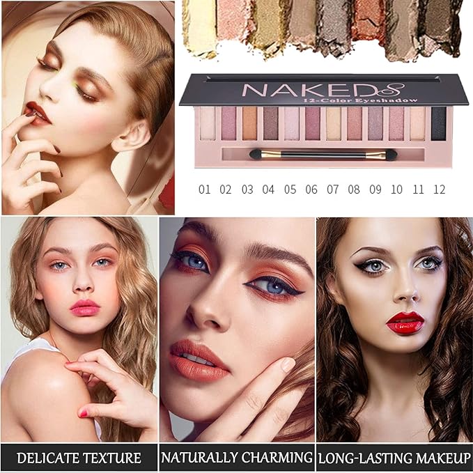 2 Pack 12 Colors Makeup Eyeshadow Palette,Nude Matte Smokey Shimmer Glitter Eye Shadow Palette,Blendable Rich Colors,Waterproof Professional Beauty Palette Kit with Double-Ended Makeup Brush(2 PCS)