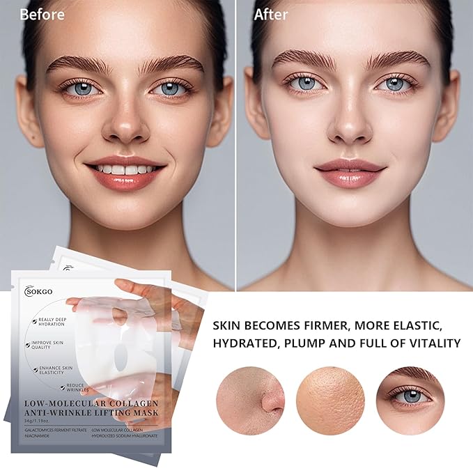 Low Molecular Weight Collagen Overnight Hydrogel Mask, Enhances Skin Elasticity, Reduces Pores, Transforms from White to Transparent Upon Absorption Skin Care Treatment.