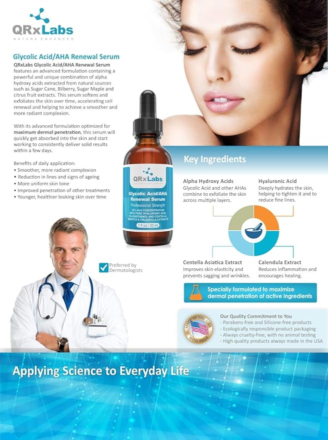 QRxLabs 15% Glycolic Acid Face Serum - 1 Fl Oz - Brightening Serum & Exfoliating Treatment - Skin Care for Dark Spots, Fine Lines & Wrinkles