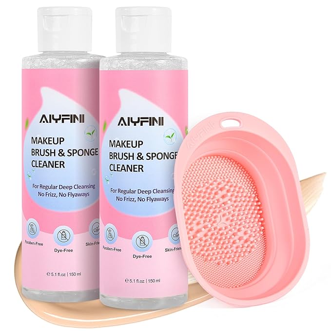 Alyfini Makeup Brush Cleaner Solution + Scrub Basin Combo, Removes Tough Stain on Make Up Brushes Set/Sponge/Puffs, Deep Clean Inner Bristles from Waterproof Foundation/Concealer, 10.2 Fl Oz/300 ml