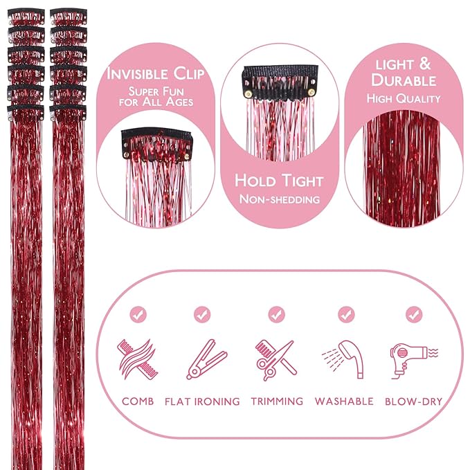 WENNALIFE Hair Tinsel kit for Girls, Clip in Red, 12PCS 24 Inch Hair Accessories for Women Clip in Colorful Glitter Tinsel Hair Fairy Girls Hair Accessories for Kids