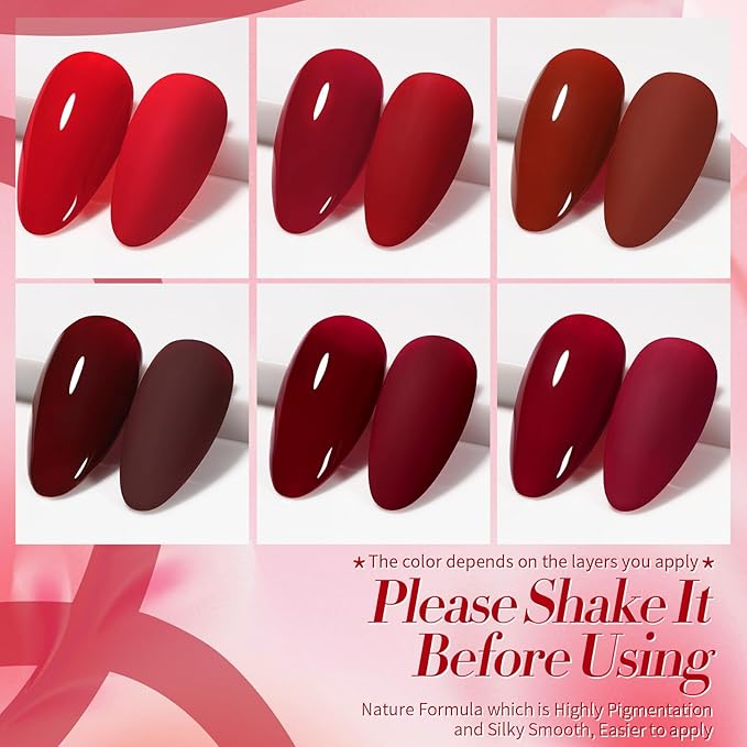 Born Pretty Red Gel Nail Polish Fall Winter 6 Colors Dark Red Burgundy Blood Cherry Wine Red Gel Nail Polish Soak Off Gel Polish Nail Art Design Manicure Salon DIY Home 7ml