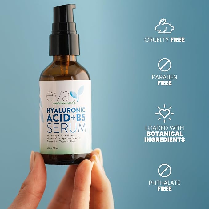 Eva Naturals Hyaluronic Acid + B5 Serum for Face – Ultra Hydrating Vitamin C & B5 Facial Serum for Deep Moisturizing, Wrinkle & Dark Spot Treatment, Skin Firming & Renewal
