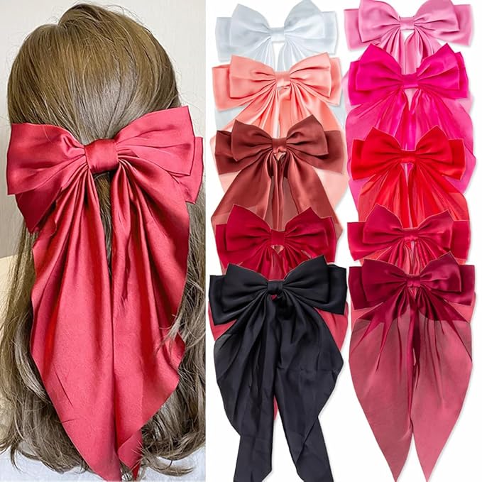 10 PCS Hair Bows,Big Bows for Girls and Womens,Hair Bows for Womens,Hair Ribbons,Large Hair Bow for Women,Big Hair Bow,Bows for Women,Oversized Long-tail Cute Aesthetic Hair Accessories(Red Series)