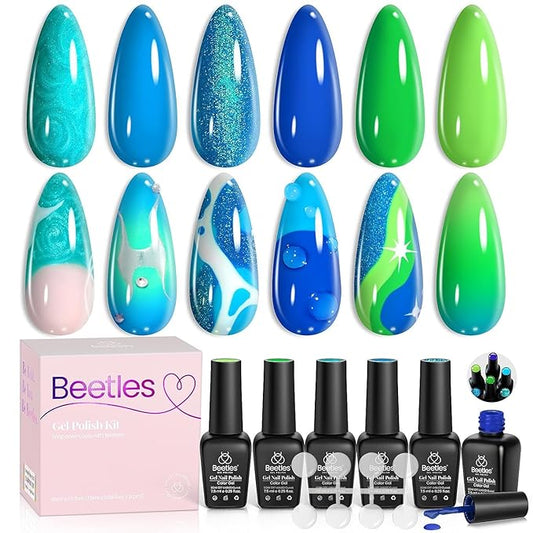 Beetles Blue Gel Nail Polish, 6 Colors Swirl Pacific Blue Glitter Blue Green Gel Polish Swirl Shell Thread Effect Soak Off Nail Art Design Salon Home Manicure Gift for Girls Women