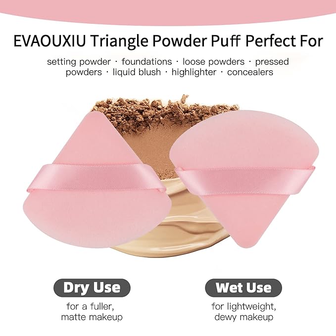 2 Pcs EVAOUXIU Triangle Powder Puff for Face Powder, Soft Plush Setting Powder Puff, Velour Cosmetic Foundation Blender Sponge Beauty Makeup Tools (Pink)