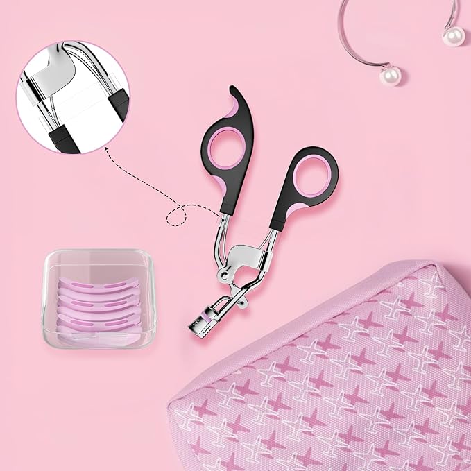 Eye Lash Curler with 6PCS Extra Replacement Strips, Whalrace Superior Curling Effect Eyelash Curlers, Easy & Comfortable to Grip and Use-Gpink