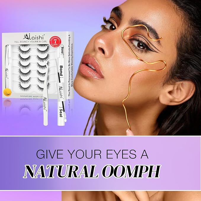 Wispy False Eyelashes Kit With Bond, Seal and Tweezer, 7 Pairs Natural Look Fake Cat Eye Lashes Strips Thin Band Extensions Waterproof Easy Eyelashes for Beginners RQ01