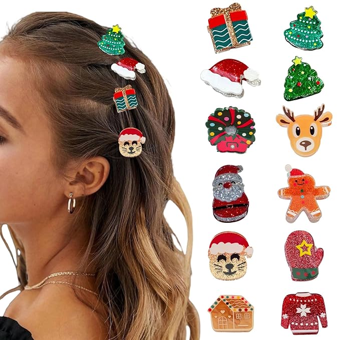 12 Pcs Christmas Hair Claw Clips Santa、Claus、Xmas Tree、House、Elk and Hat Design Small Claw Clips Strong Hold Jaw Clip Mini Hair Clips for Women Girls Hair Accessories
