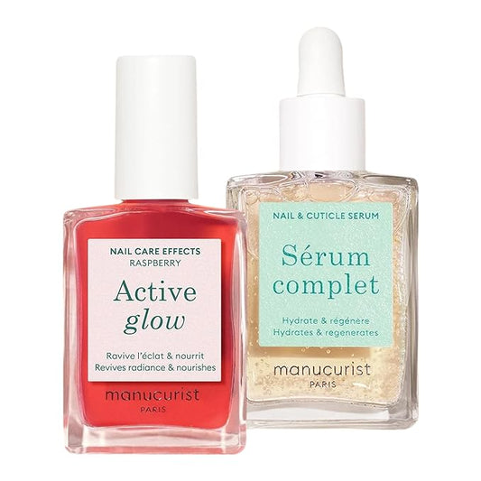 Manucurist Healthy Glow Duo - Active Glow Raspberry (Pink) Repairing Nail Polish Care & Complete Nail & Cuticle Serum - 2 in 1 Nail Strengthener Polish - Plant-Based Formula - Beauty Gift for Women