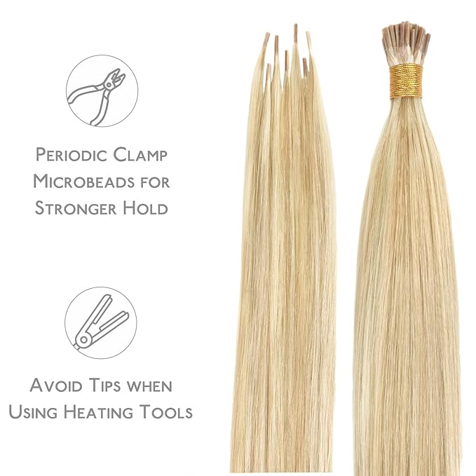 WENNALIFE I Tip Hair Extensions Real Human Hair, 100g 200s 14 Inch Light Blonde Highlighted Golden Blonde Remy Itip Human Hair Extensions Invisible Itips Straight I Tips Cold Fusion Extensions