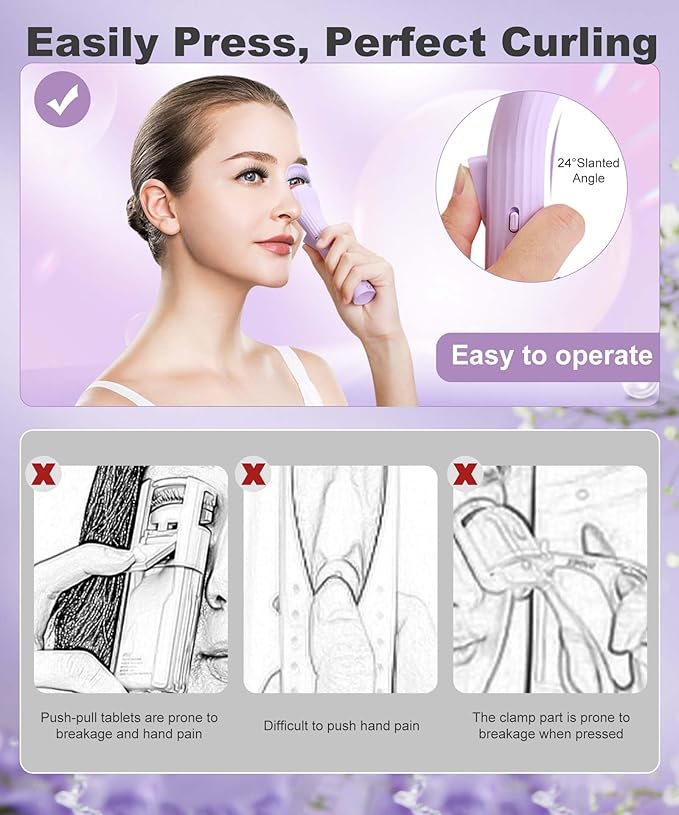 Heated Eyelash Curlers, Electric Lash Curler with Innovative Heating Silicone Pad for Lifted Lashes 24 Hours,Quick Rechargeable 600mAh Battery EC2001 (Violet)