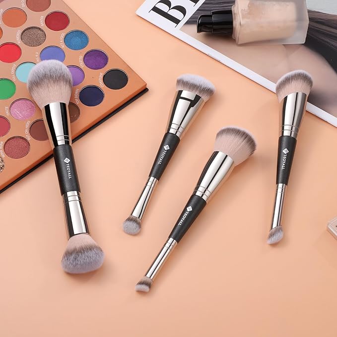 TEOYALL Dual-Ended Foundation Under Eye Concealer Brush, Flat Angled Contour Synthetic Bristles for Liquid Cream Powder