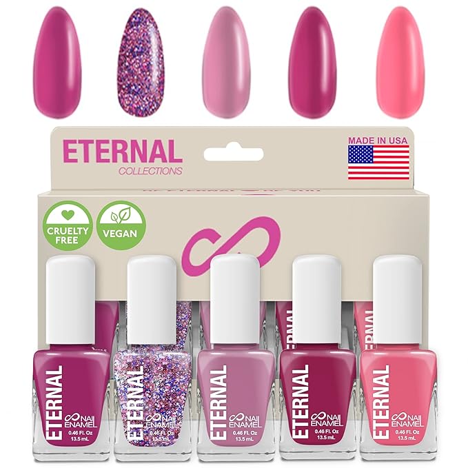 Eternal Glitter Nail Polish Set for Women (PINKFETTI) - Hot Pink Nail Polish Set for Girls | Long Lasting & Quick Dry Natural Nail Polish Kit for Home DIY Mani Pedi | Made in USA, 13.5mL (Set of 5)